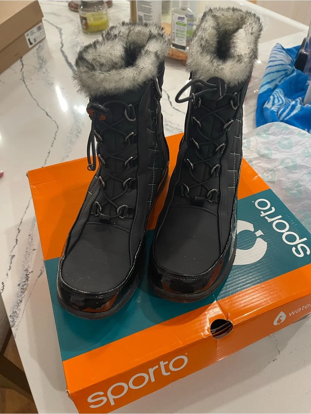 Sporto Black Quilted Lace-Up Winter Boot with Faux Fur Cuff